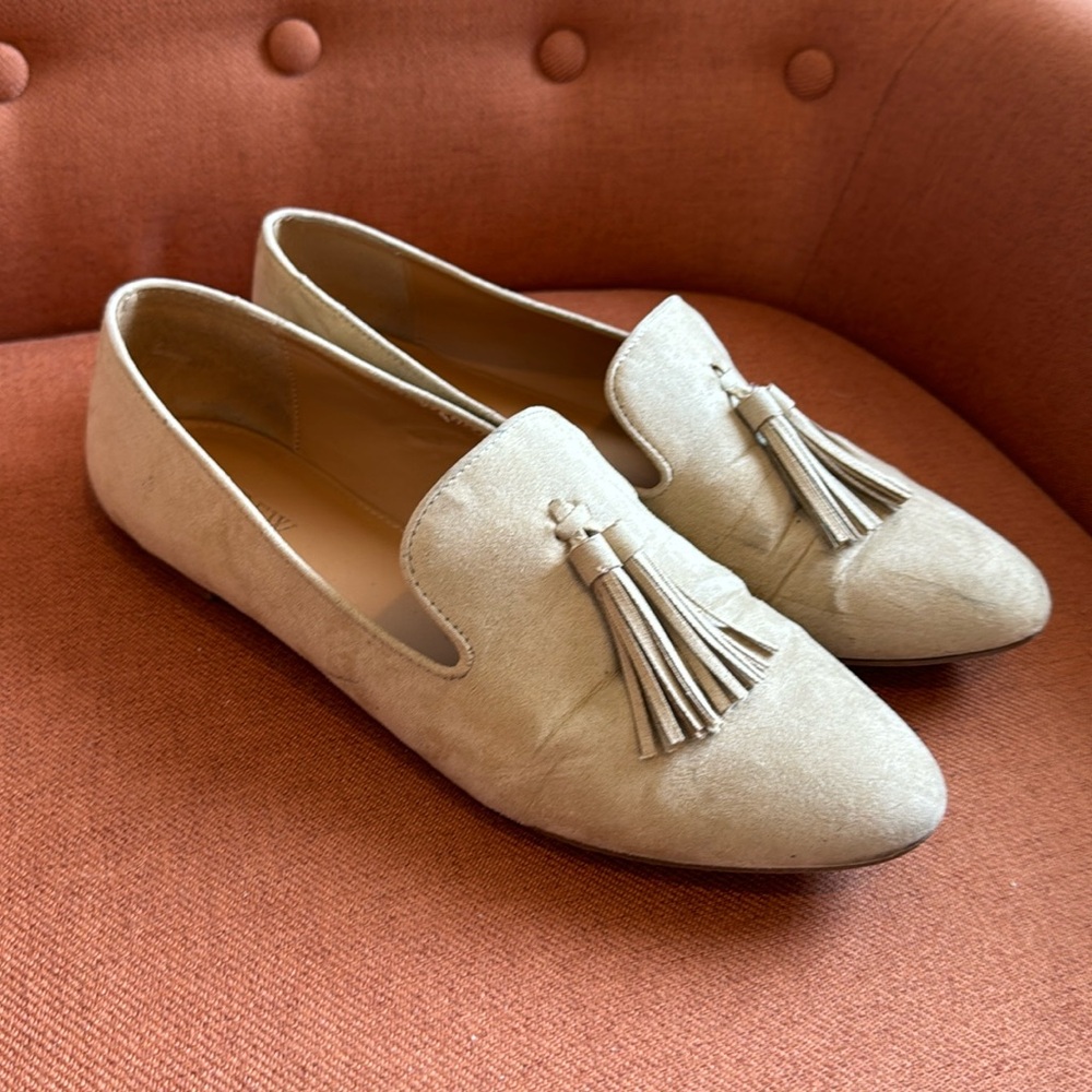 J. Crew Factory Faux Suede Tassel Smoking Loafers Size 10 In Light Khaki